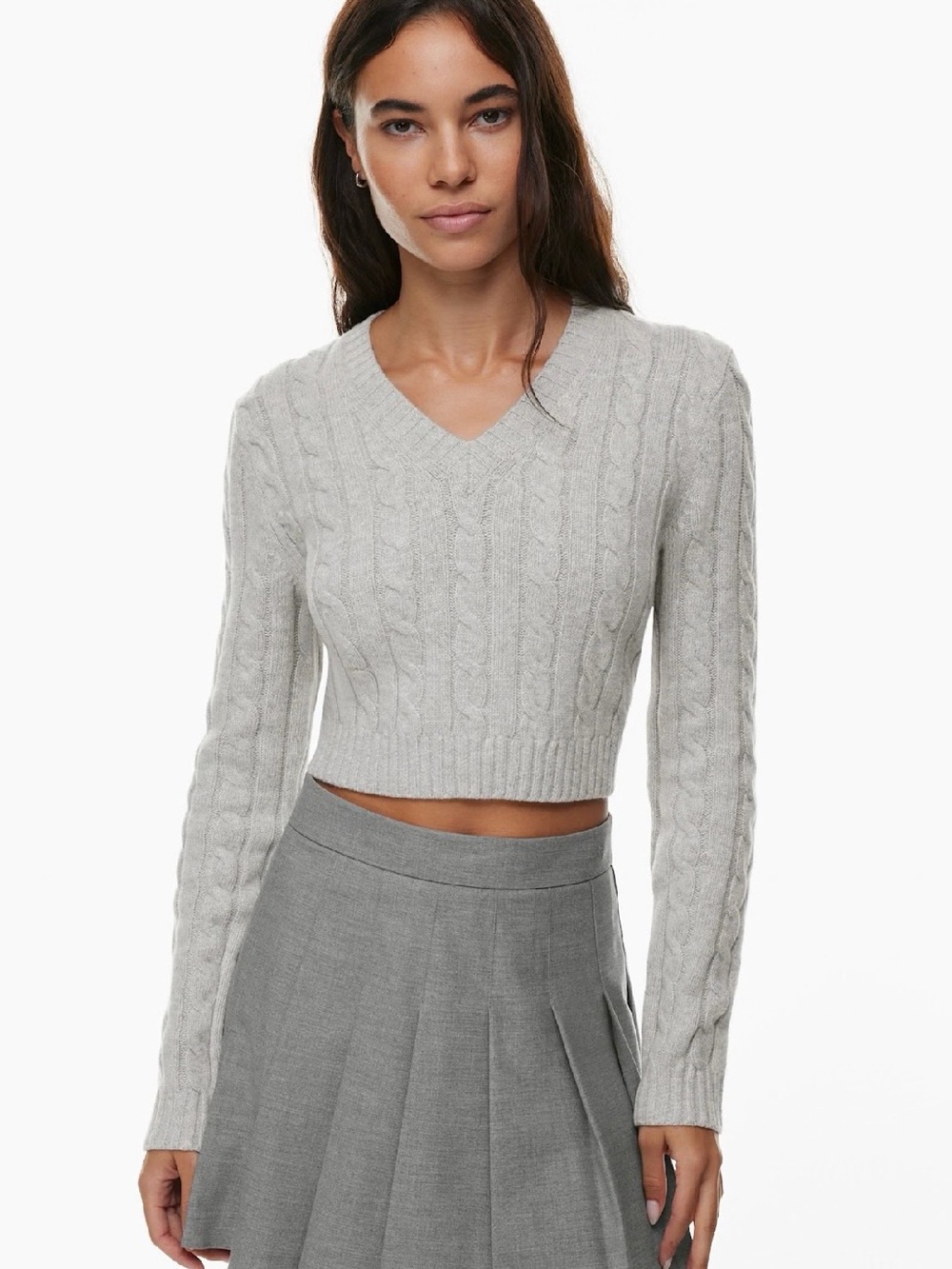 Aritzia Sunday best moss Cropped Cable Knit V-Neck Sweater - Light Gray 0440